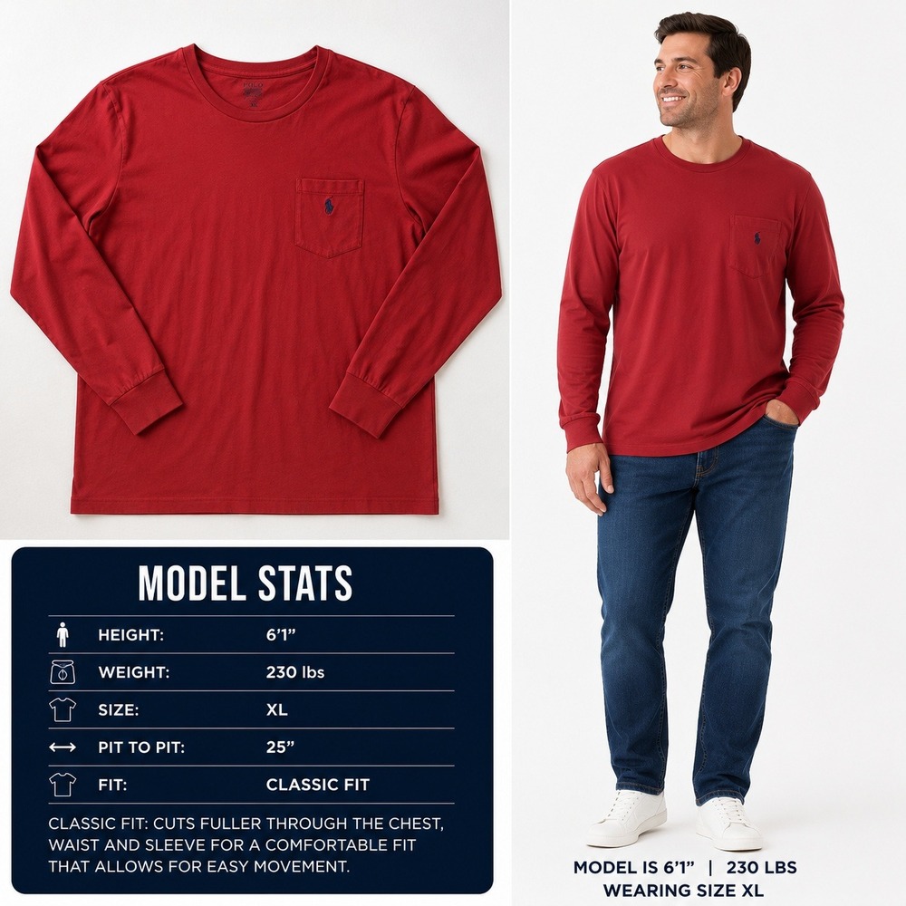 Polo Ralph Lauren Mens XL Red Long Sleeve Pocket T-Shirt Classic Fit Cotton Logo